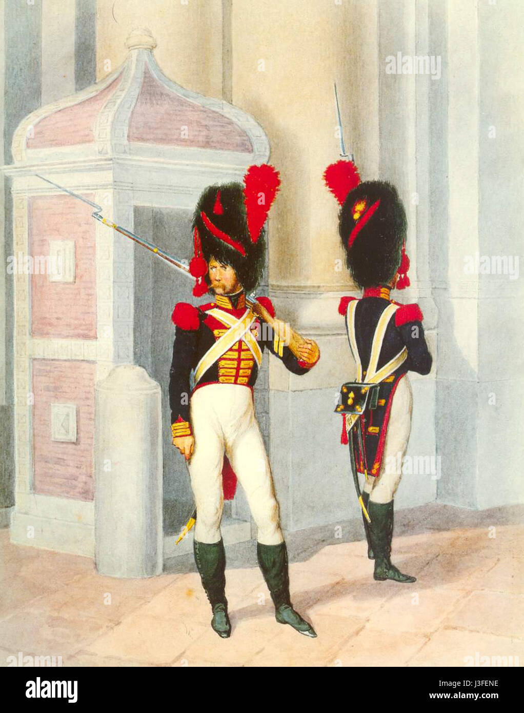 La Garde Royale Napolitaine era un'unità militare del Regno di Napoli, nota per il suo ruolo nella difesa del regno durante il XVIII e l'inizio del XIX secolo. Questa guardia d'élite aveva il compito di proteggere la famiglia reale e mantenere l'ordine a Napoli. Foto Stock