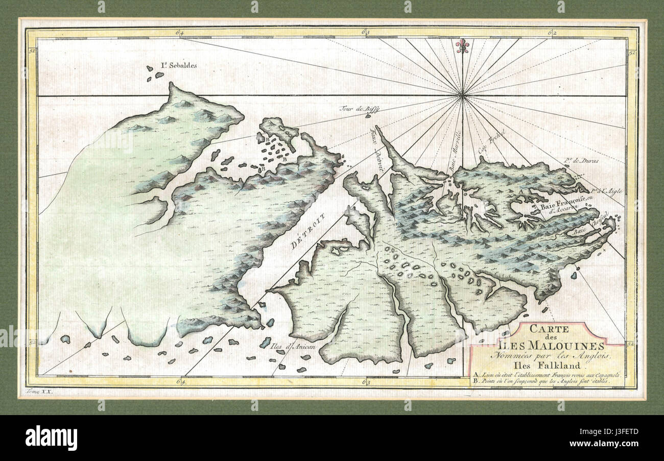 Una mappa delle Isole Falkland della metà del XX secolo, che fornisce informazioni geografiche e territoriali dettagliate, che riflettono il contesto politico dell'epoca. Foto Stock