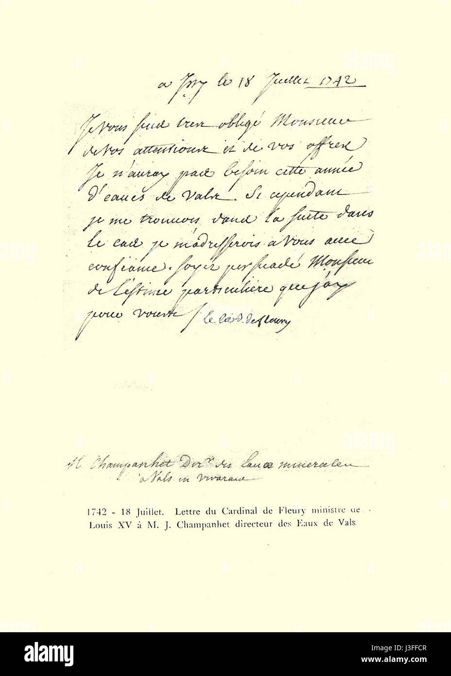 G. L. Arlaud recueil Vals Saint Jean Lettre du Cardinal de Fleury Foto Stock