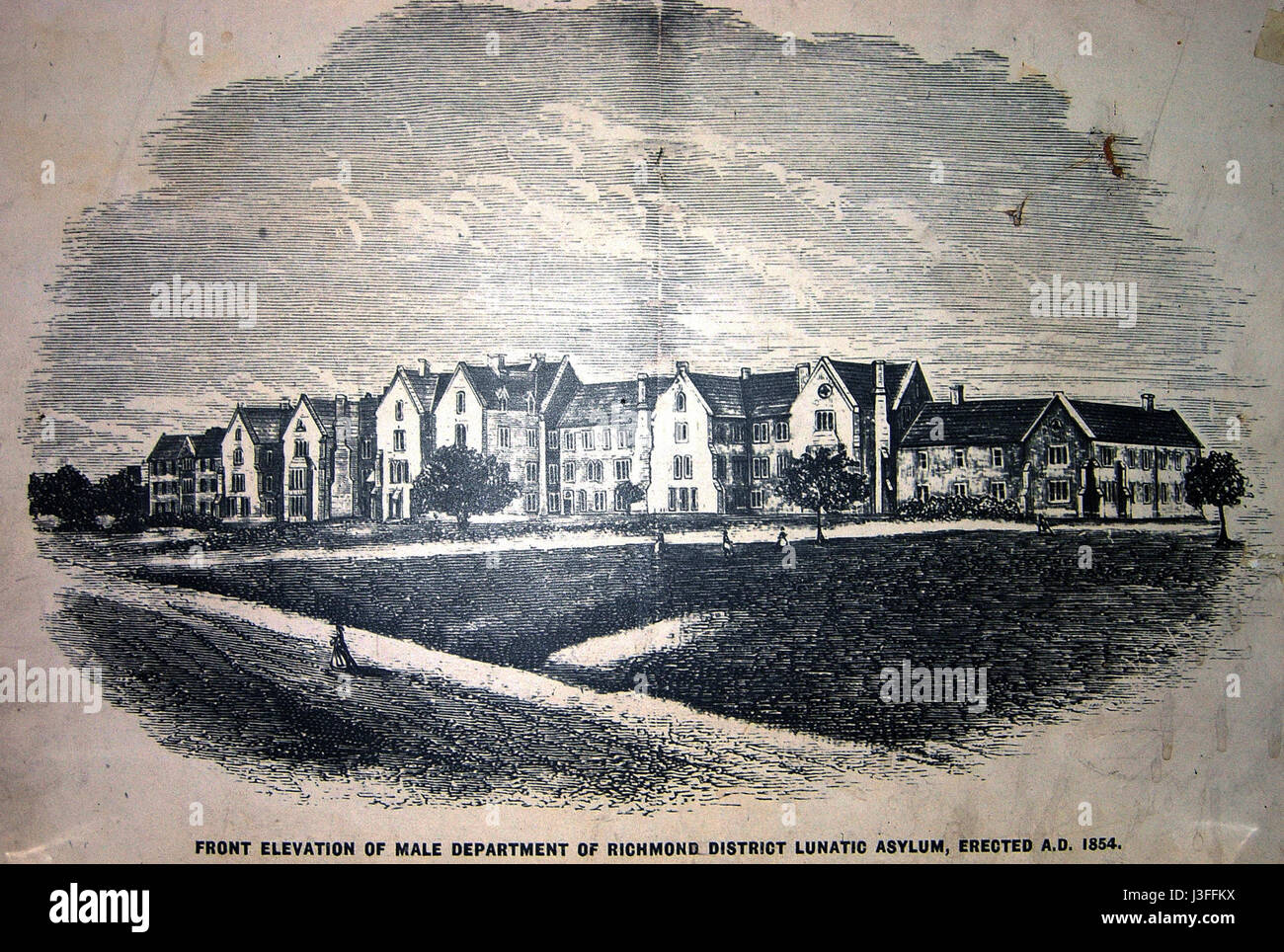 Questa immagine del 1854 raffigura l'elevazione anteriore del Dipartimento maschile del Richmond District Lunatic Asylum negli Stati Uniti. La struttura riflette le strutture di salute mentale del XIX secolo. Foto Stock