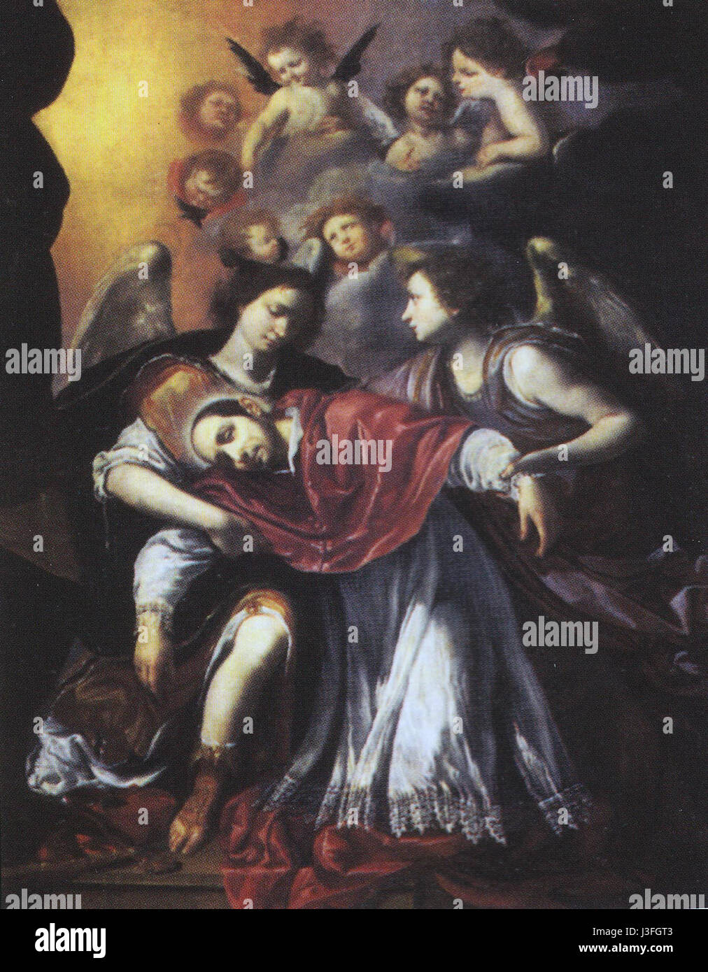 Questo dipinto di Francesco Furini, intitolato "Estasi di San Carlo Borromeo", ritrae una scena religiosa incentrata su San Carlo Borromeo. Cattura la visione estatica del saintâ, mettendo in risalto lo stile barocco di Furini con vivide emozioni e un'illuminazione spettacolare. Foto Stock