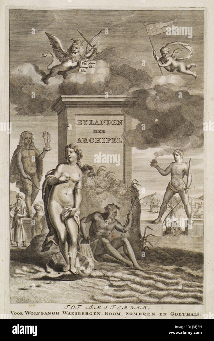 Il frontespizio di Olfert Dapper (1837) presenta figure mitiche che rappresentano le isole dell'Arcipelago, fornendo una rappresentazione visiva del significato culturale e storico dell'regionÂ. Foto Stock