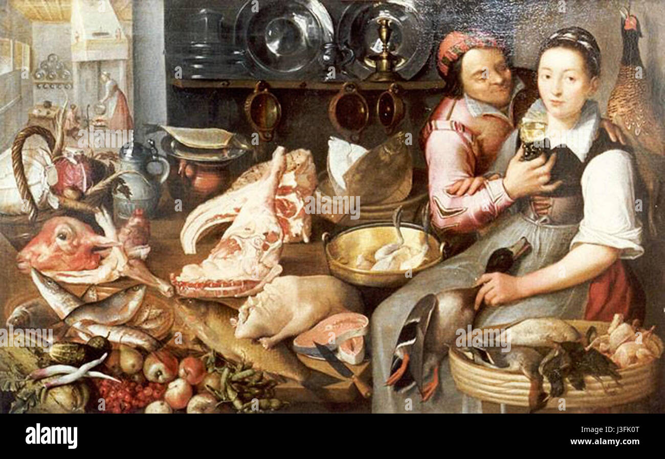 Un'opera d'arte di Floris van Schooten intitolata "Kitchen Peace", creata nel XVII secolo. Il pezzo riflette lo stile culturale e artistico del suo tempo, probabilmente raffigurando una scena domestica. Foto Stock