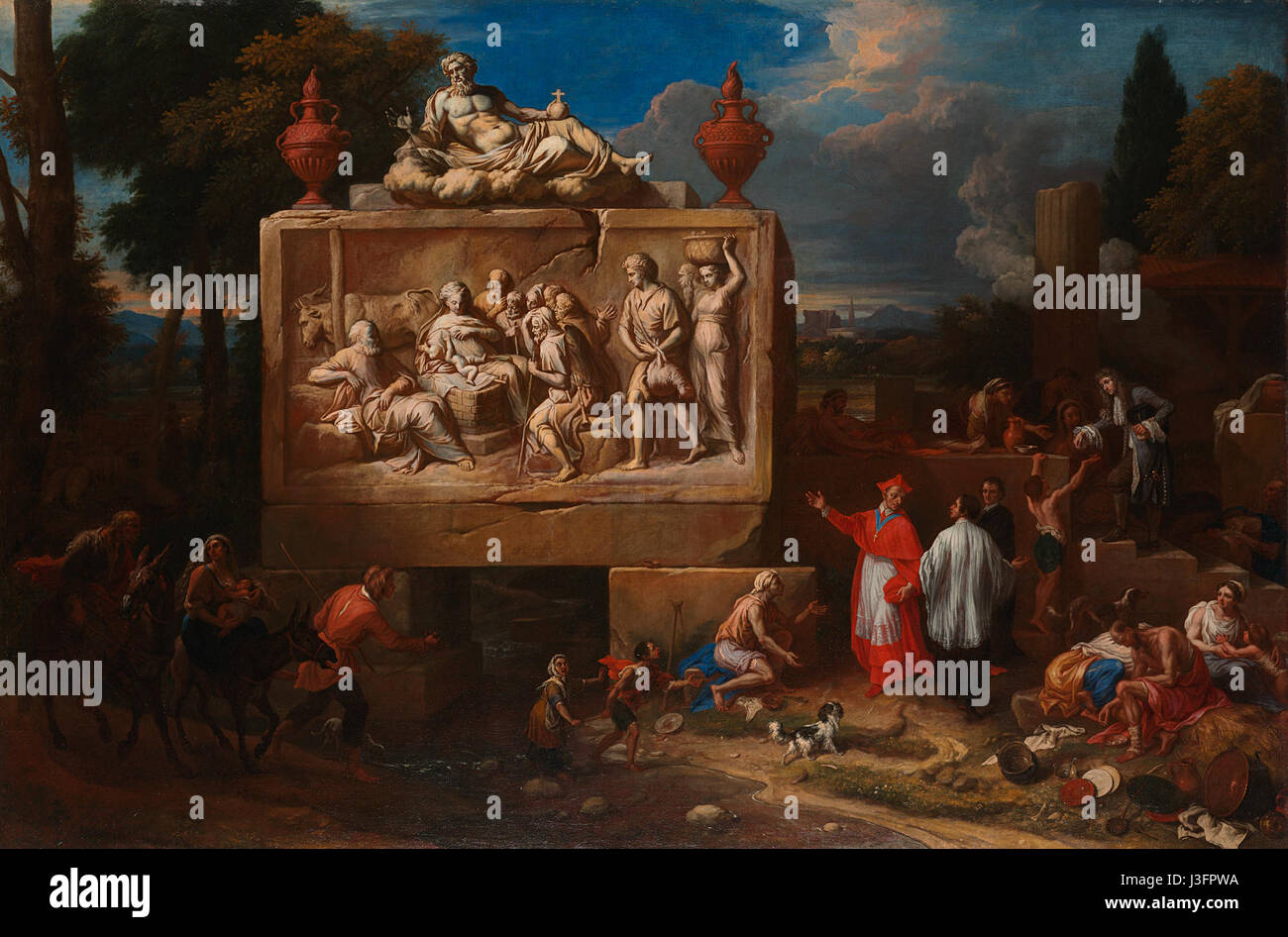 "Fantasielandschap met de Heilige Carlo Borromeo" è un dipinto di paesaggio fantasy con San Carlo Borromeo, esposto nel Rijksmuseum. L'opera combina temi religiosi con scenari fantasiosi. Foto Stock