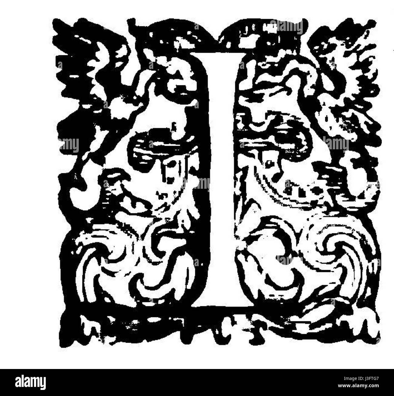 "CapoletteraIAminta" si riferisce a un manoscritto miniato o a una lettera iniziale in un manoscritto, probabilmente da un testo storico. Questo potrebbe essere collegato a un'opera d'arte del periodo rinascimentale o medievale, con disegni intricati e lettering come parte di un'opera letteraria o manoscritto più grande. Foto Stock