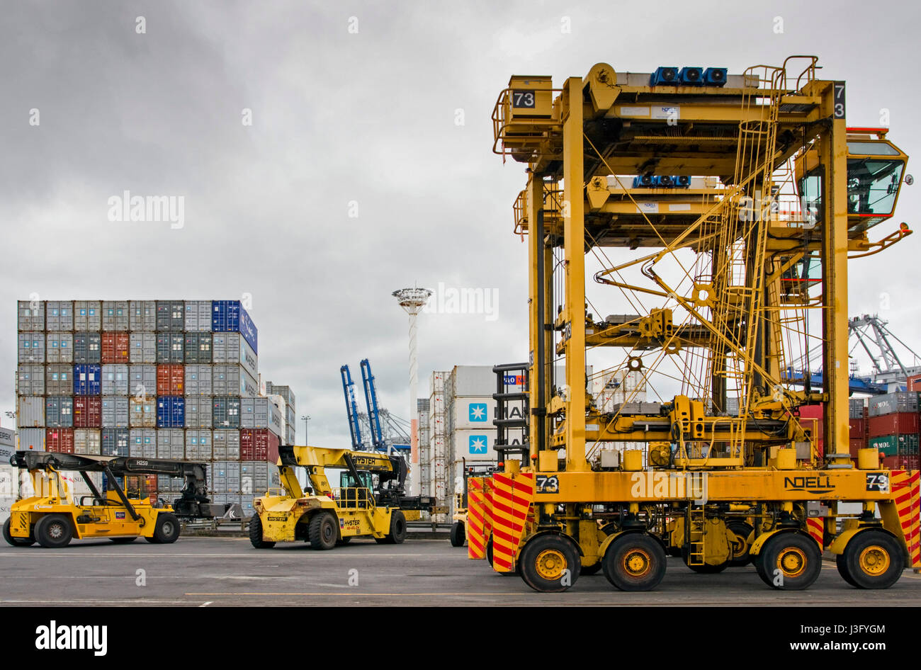 Un cavallo portante carichi thats contenitori su un camion o nave, porto di Auckland, Quay Street, Auckland, Nuova Zelanda Foto Stock