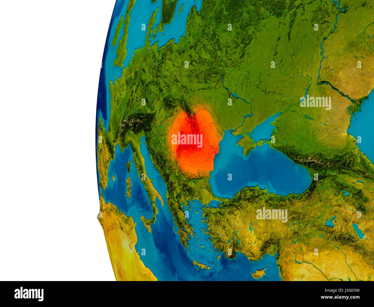 La Romania ha evidenziato in rosso sul modello dettagliato del pianeta Terra. 3D'illustrazione. Gli elementi di questa immagine fornita dalla NASA. Foto Stock