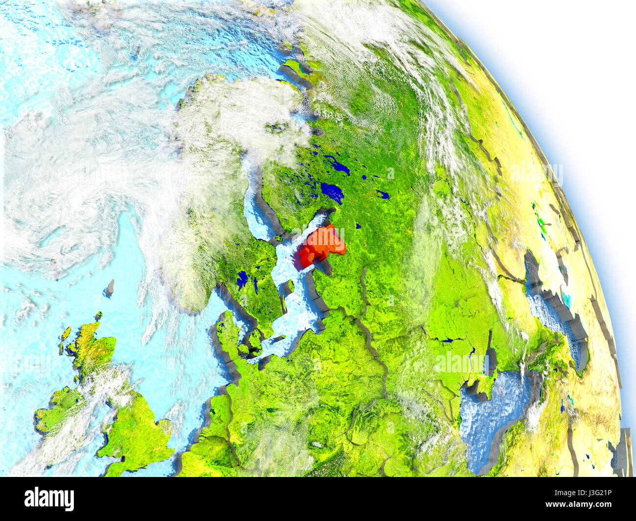 Estoniain colore rosso sul modello della terra. 3D con illustrazione dettagliata della superficie pianeta, nuvole e riflettente acque dell'oceano. Gli elementi di questa immagine furni Foto Stock