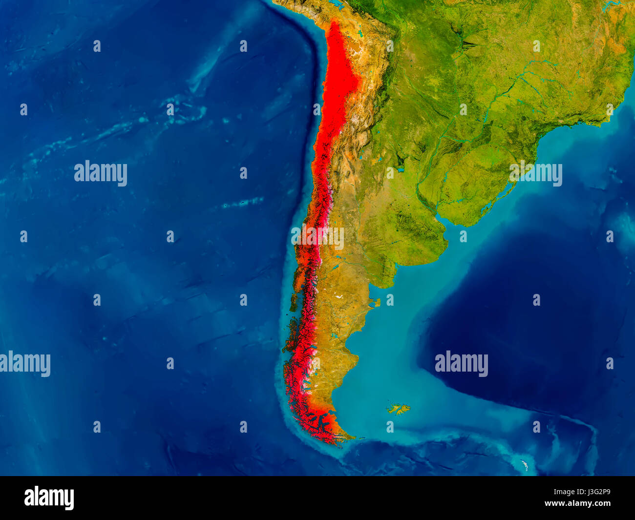 Il Cile ha evidenziato in rosso sulla mappa fisica. 3D'illustrazione. Gli elementi di questa immagine fornita dalla NASA. Foto Stock