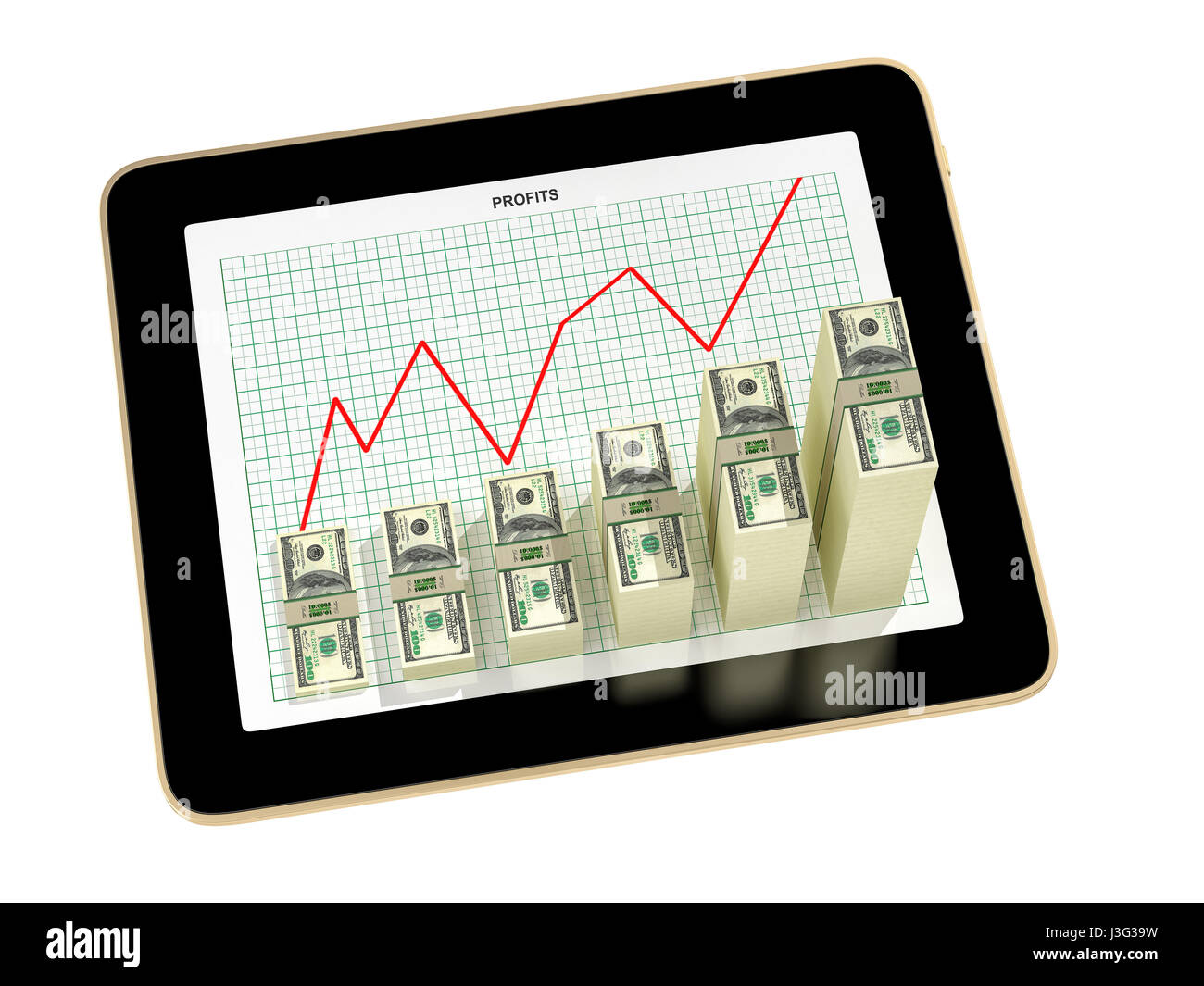 Tablet - Dollar bar grafici che mostrano la crescita di profitto - il rendering 3D Foto Stock