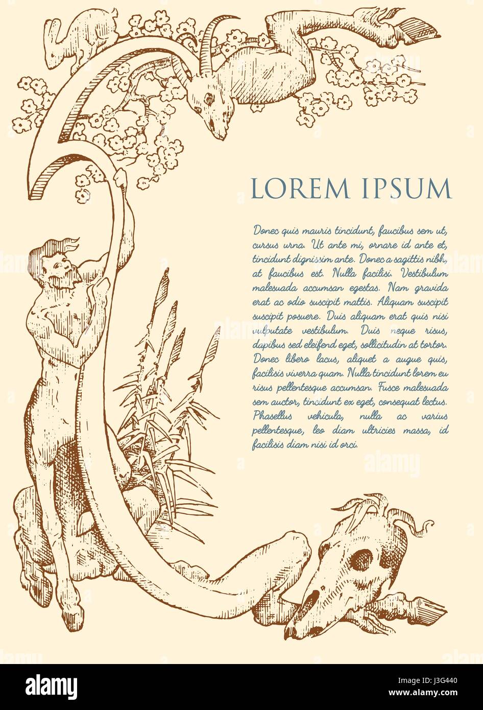 Disegnato a mano o medievale cornice antica decorazione con teschi il coniglio e il centauro tenendolo vintage inciso, mitologia greca confine per il testo Illustrazione Vettoriale