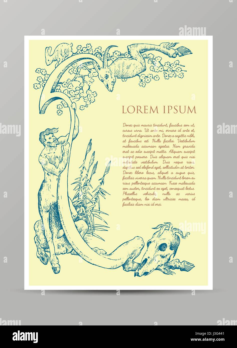 Disegnato a mano o medievale cornice antica decorazione con teschi il coniglio e il centauro tenendolo vintage inciso, mitologia greca confine per il testo Illustrazione Vettoriale