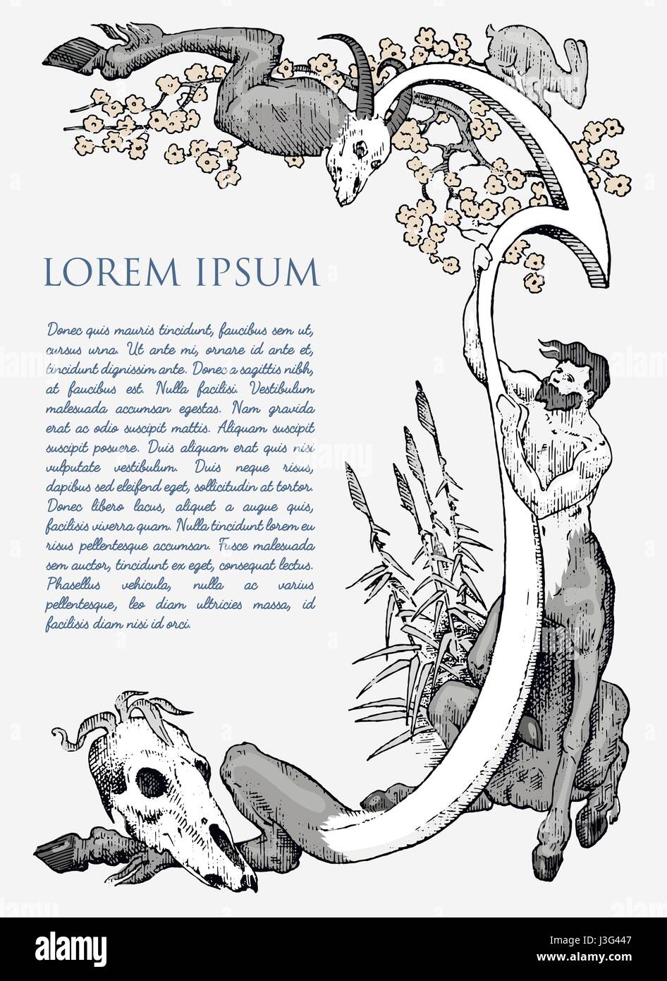 Disegnato a mano o medievale cornice antica decorazione con teschi il coniglio e il centauro tenendolo vintage inciso, mitologia greca confine per il testo Illustrazione Vettoriale