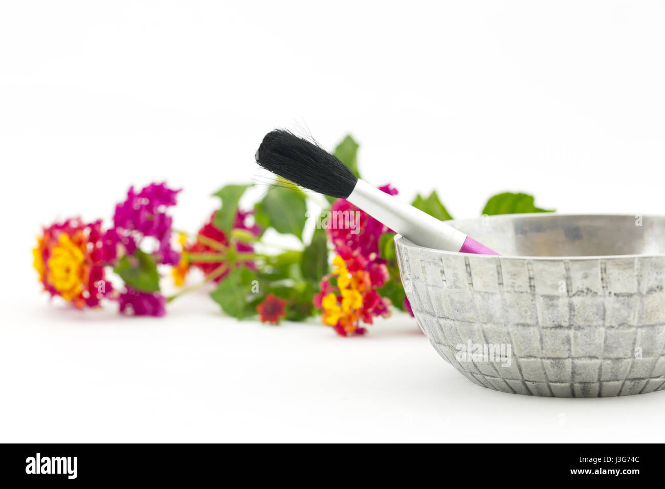 Trasognata immagine focalizzata sulla spazzola di bellezza e argento Vaso con fiori di lantana in background. Profondità di campo dei fiori offre un moody, indistinto ap Foto Stock