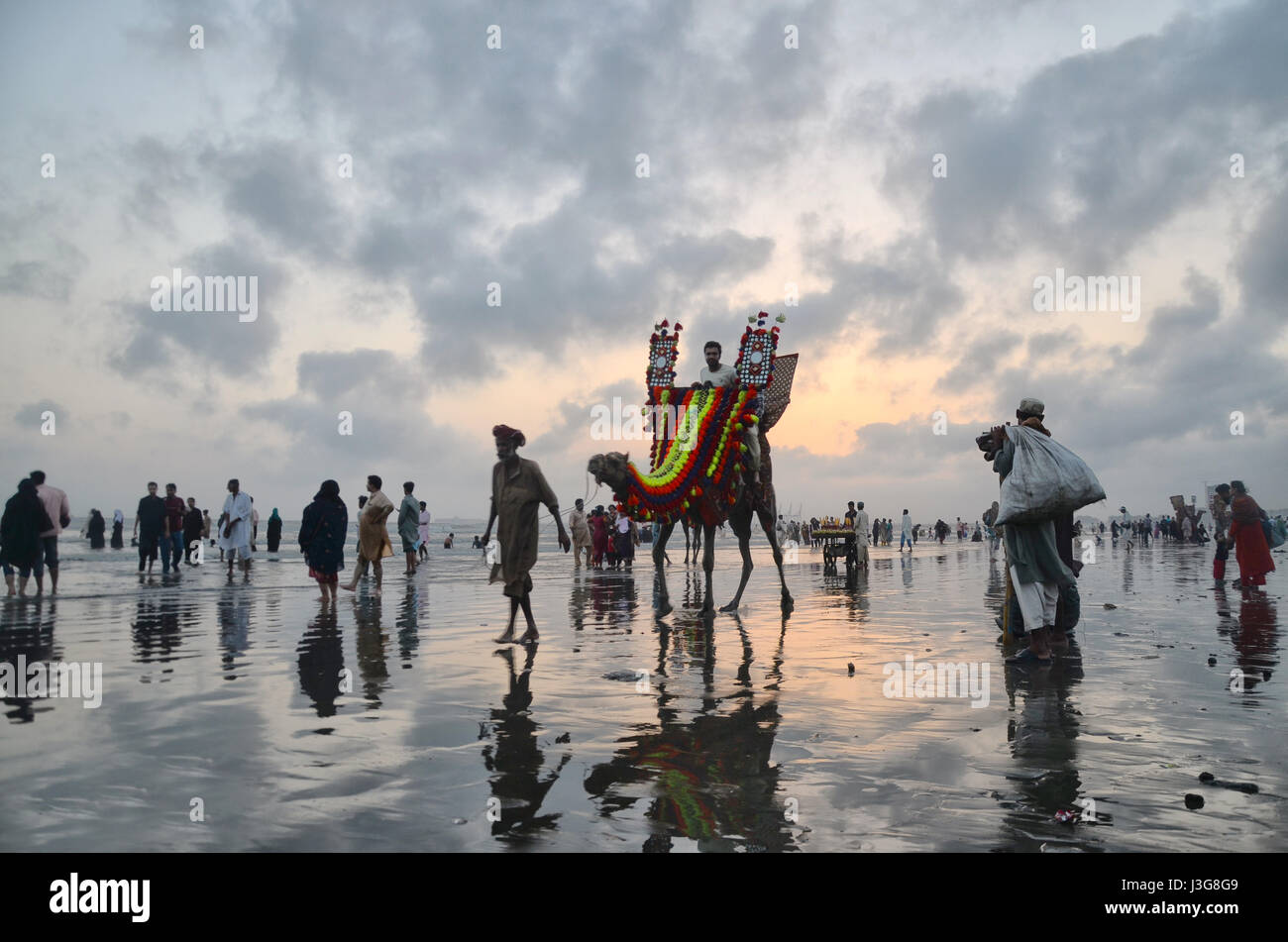 A dorso di cammello a Clifton Beach Karachi, Pakistan Foto Stock