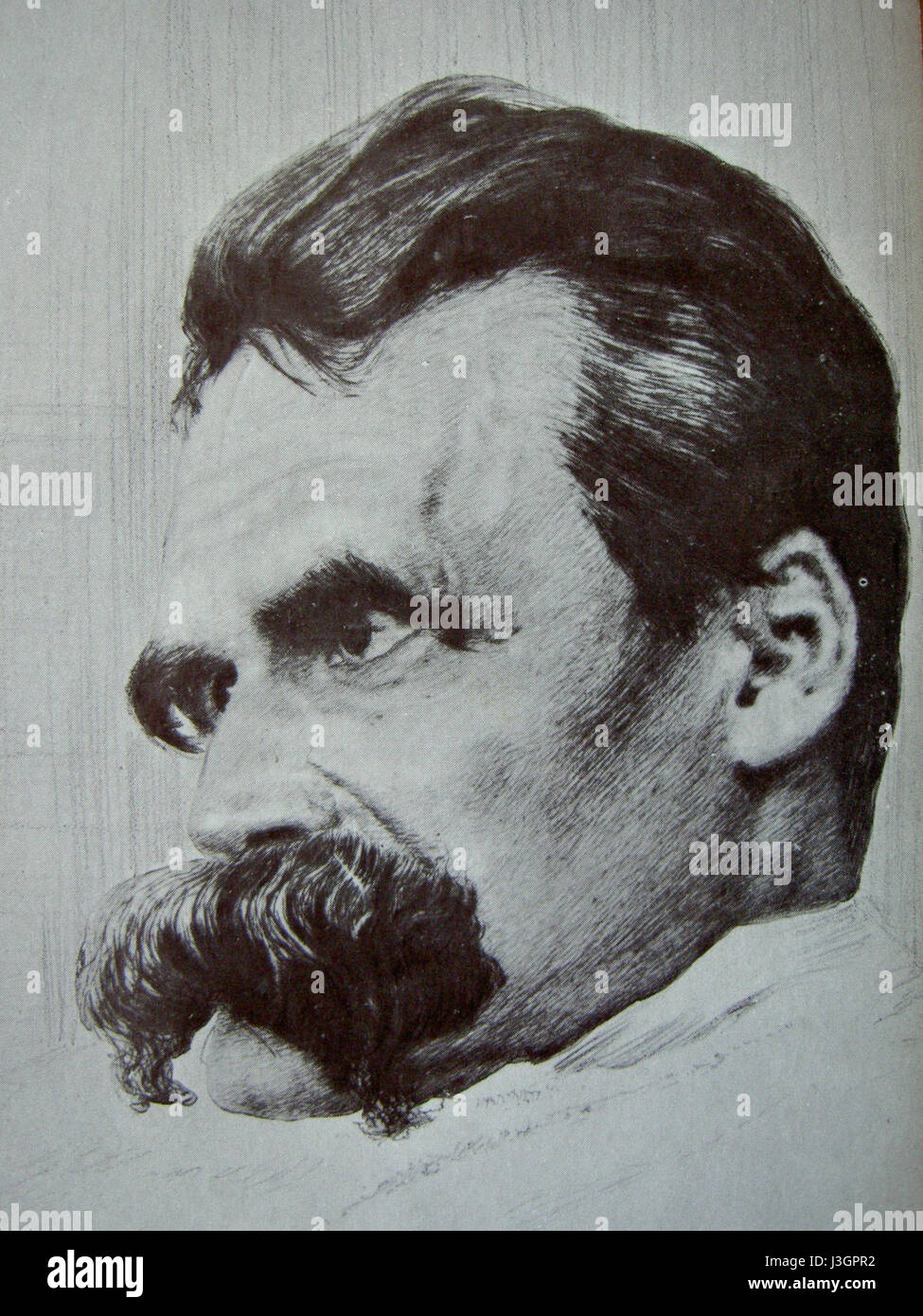 Questo è un disegno del filosofo Friedrich Nietzsche di Hans Olde, che cattura il pensatore iconico in un ritratto che riflette la sua personalità intellettuale e l'intensità emotiva. Foto Stock