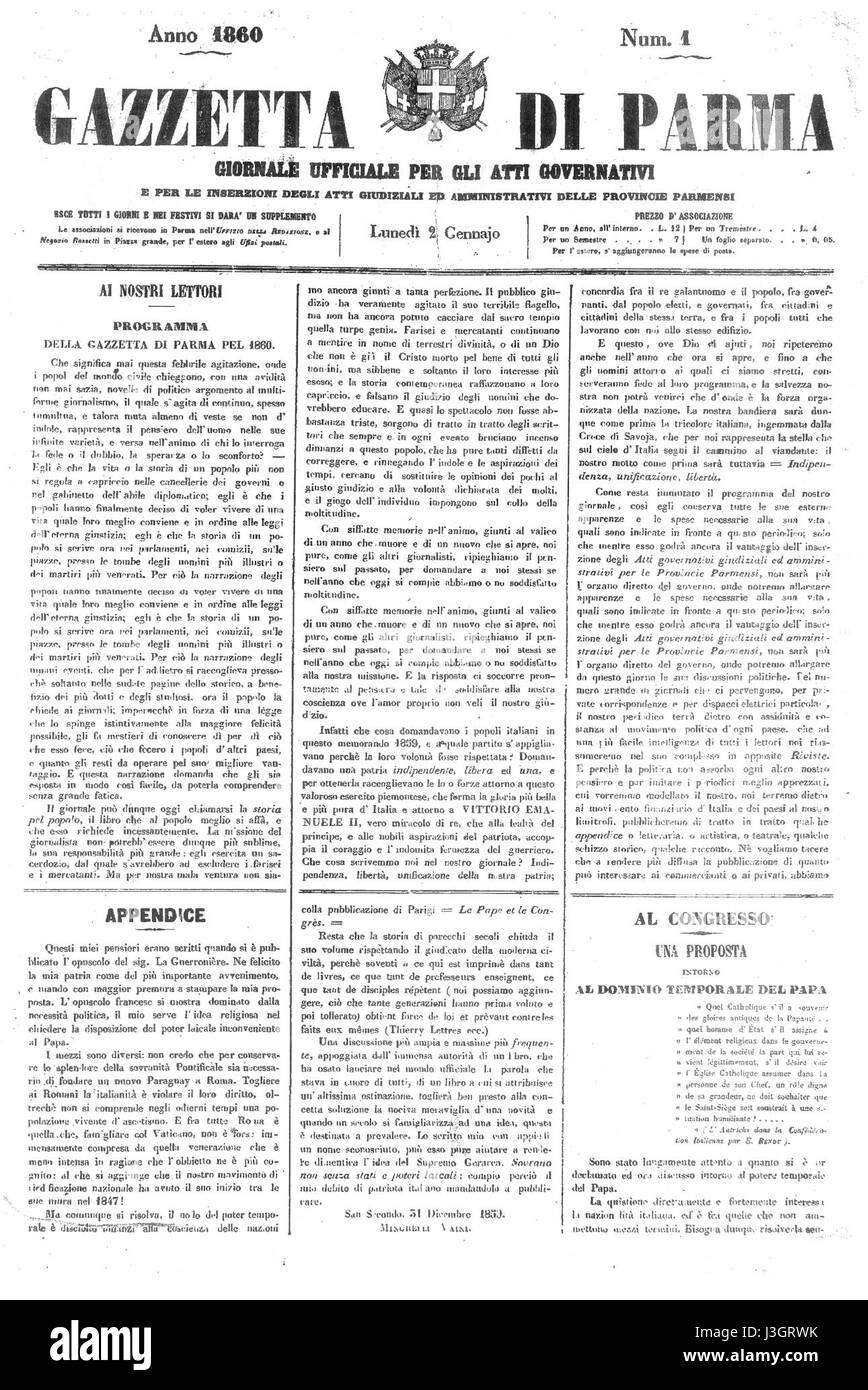Un'immagine della Gazzetta di Parma del 1860, che mostra notizie storiche e pubblicità di quell'anno. Foto Stock