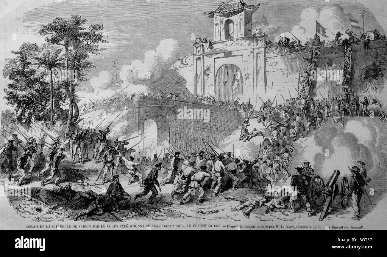 La cattura francese di Saigon nel 1859 segnò un momento cruciale nella storia del Vietnam. Faceva parte dell'espansione francese nel sud-est asiatico e gettò le basi per il dominio coloniale francese in Vietnam. Foto Stock