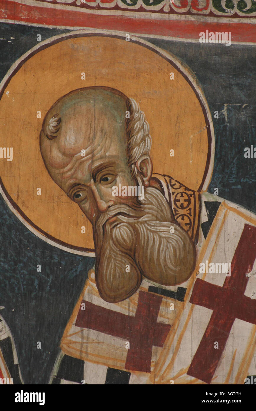 Questi affreschi, situati nella chiesa di San Michele Arcangelo a Lesnovo, Bulgaria, sono rinomati per le loro dettagliate raffigurazioni di scene bibliche. La chiesa è famosa per la sua arte medievale ben conservata, con affreschi in stile bizantino. Foto Stock