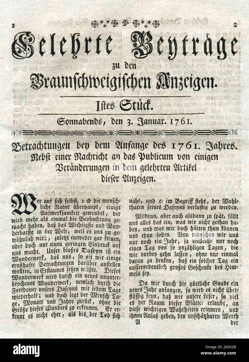 Gelehrte Beitraege zu den Braunschweigischen Anzeigen Nr. 1 1761 Foto Stock