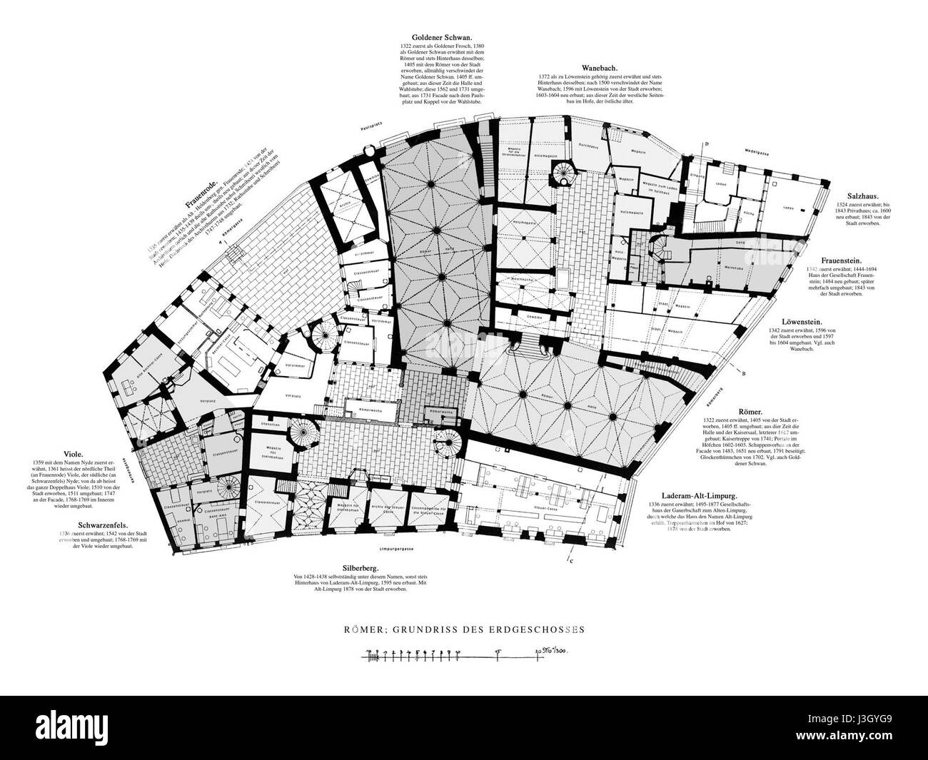 Questo si riferisce a una vista o illustrazione architettonica del RÃ¶mer a Francoforte, Germania, intorno al 1900. Il RÃ¶mer è uno storico municipio e uno degli edifici più rappresentativi della città. Foto Stock