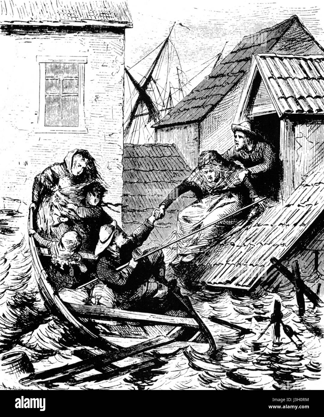 L'operazione di salvataggio di Flensburg durante l'inondazione della tempesta del 1872 fu uno sforzo critico nella città tedesca settentrionale di Flensburg, dove le autorità locali e i cittadini lavorarono per salvare vite umane e proteggere la comunità dagli effetti devastanti delle gravi inondazioni. Foto Stock