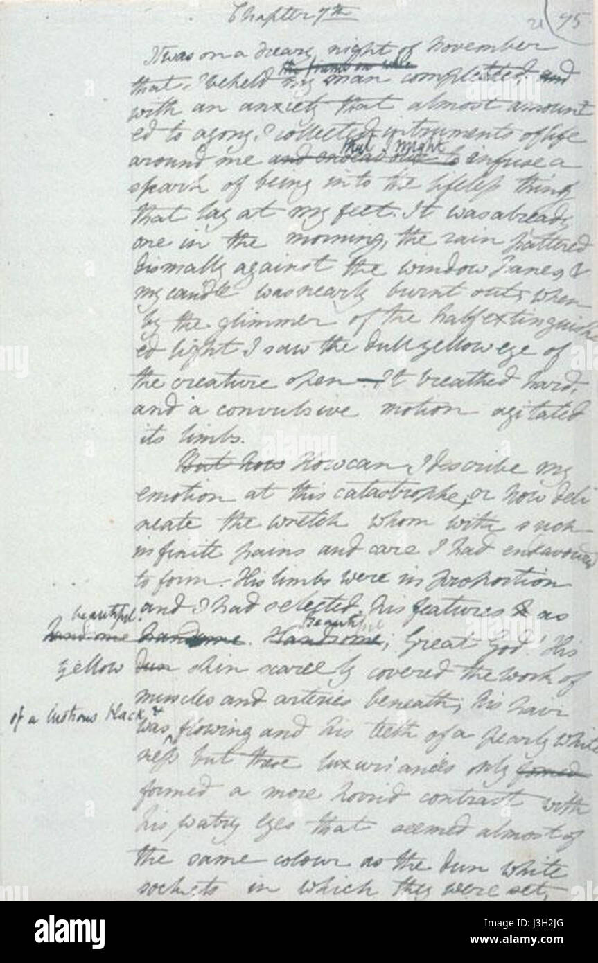 "Frankenstein Draft" si riferisce alle prime bozze e manoscritti del famoso romanzo di Mary Shelley "Frankenstein". Queste bozze forniscono informazioni sul processo creativo dietro una delle opere più iconiche della letteratura. Foto Stock