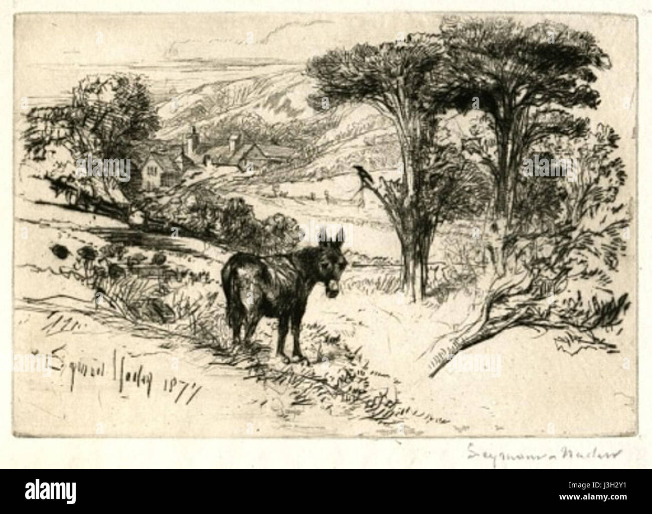 Una stampa di Francis Seymour Haden intitolata "Challow Farm" del 1877, raffigurante un paesaggio rurale inglese con incisioni dettagliate di terreni agricoli, alberi e l'ambiente in un tradizionale stile di incisione. Foto Stock