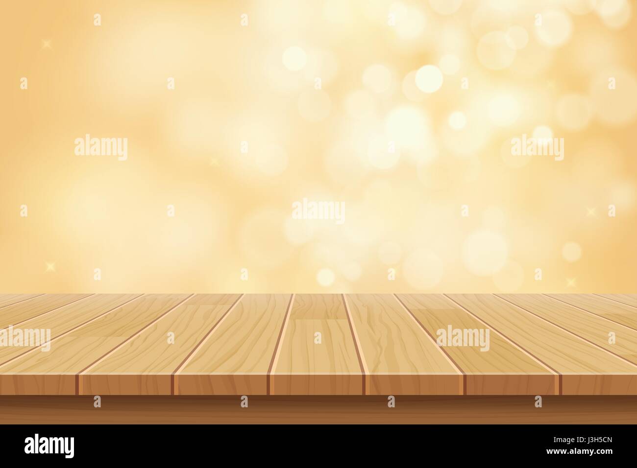 Legno vector table top sul golden bokeh sfondo astratto Illustrazione Vettoriale