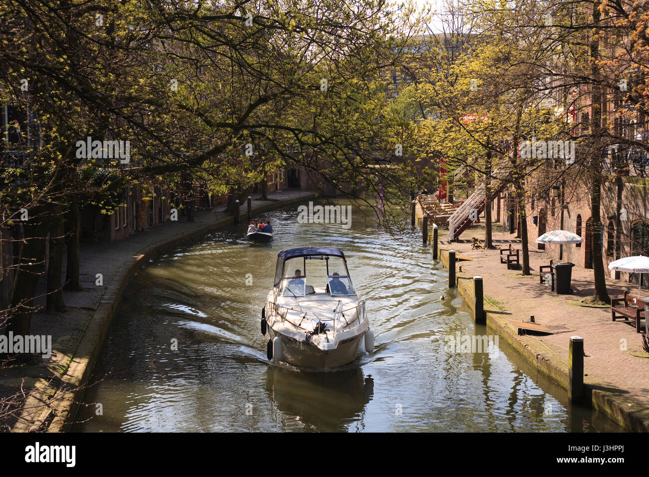 L'Europa, Paesi Bassi Utrecht, yacht a motore presso la città di canal Oudegracht. Foto Stock