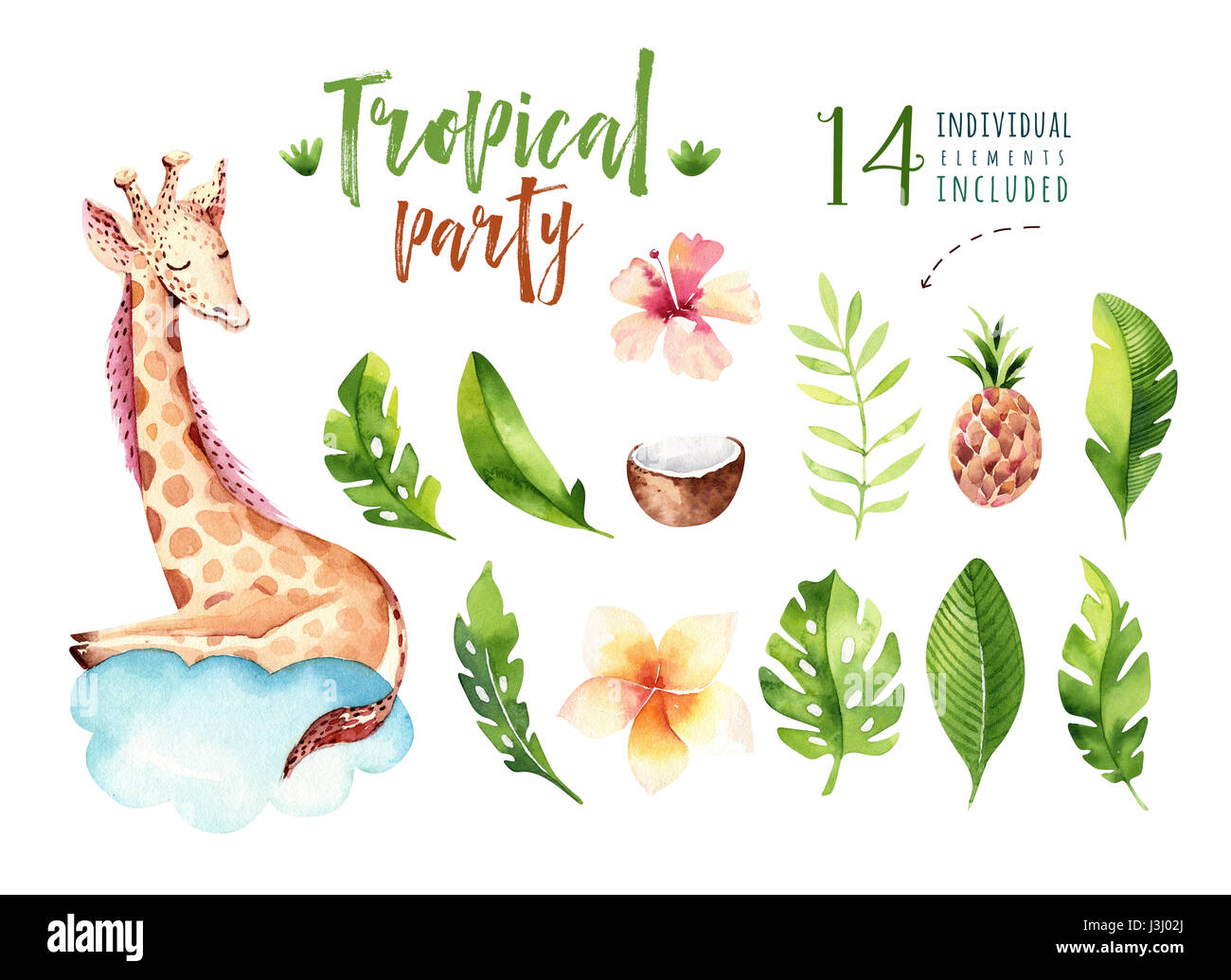 Disegnata a mano acquerelli di piante tropicali e giraffe. Esotiche di foglie di palma, albero della giungla, brasile tropic elementi di botanica e scimmie. Perfetto per tessuto Foto Stock