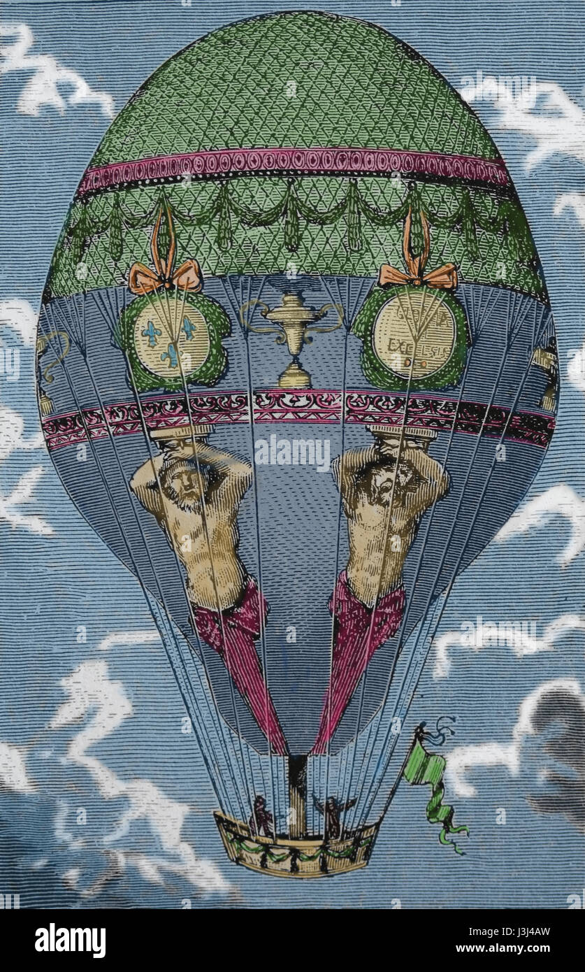 Il trasporto. Il XVIII secolo. In mongolfiera volo. Incisione del XIX secolo. Foto Stock