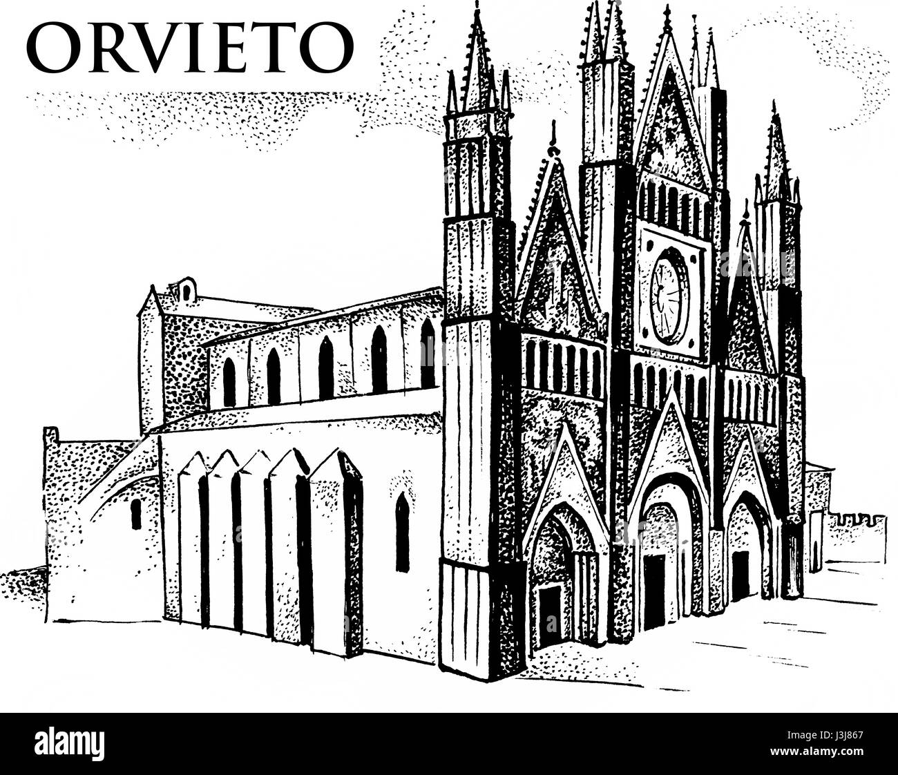 Il Duomo di Orvieto Duomo di Orvieto, Umbria, Italia incisi o disegnati a mano illustrazione. Foto Stock