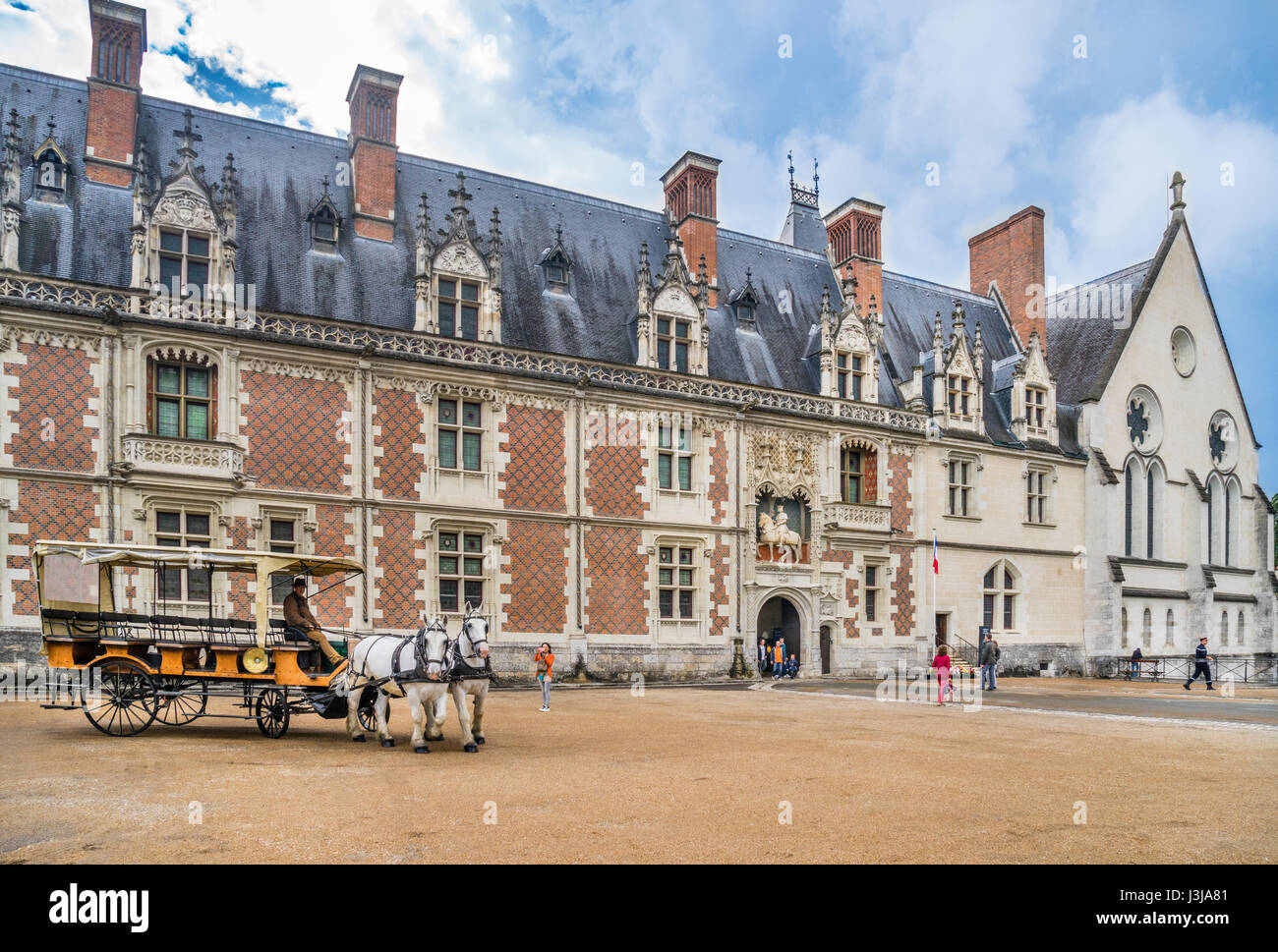 Francia, Center-Val de Loire, Chateau de Blois, un team di progetto Percheron cavalli è in attesa al carrello i turisti per i siti di Blois Foto Stock