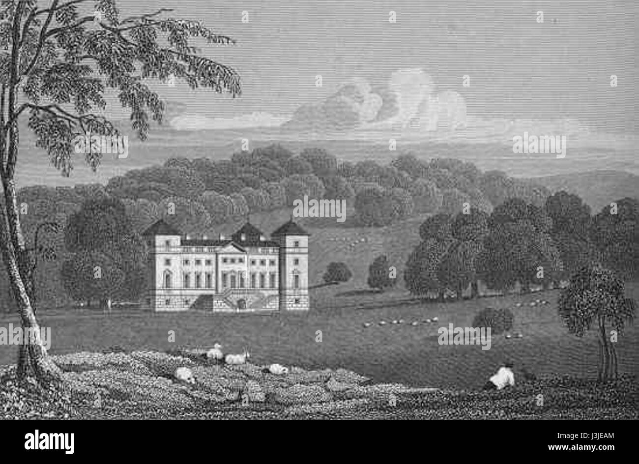 Hagley Hall in Inghilterra, progettata dal famoso architetto James Stuart, è un esempio impressionante di architettura georgiana. La tenuta è conosciuta per il suo grande design e il suo significato storico come casa di campagna. Foto Stock