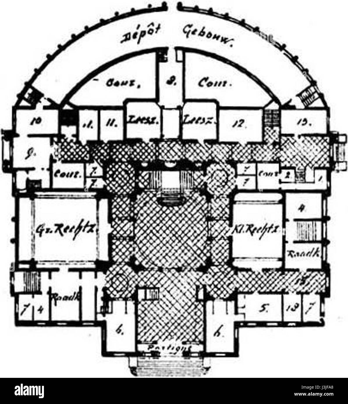 Questo è un progetto per il Palazzo della Pace di H. Hare, che è stato concepito come un simbolo della diplomazia internazionale. Il piano delinea gli elementi architettonici volti a rappresentare la pace e la cooperazione tra le nazioni. Foto Stock