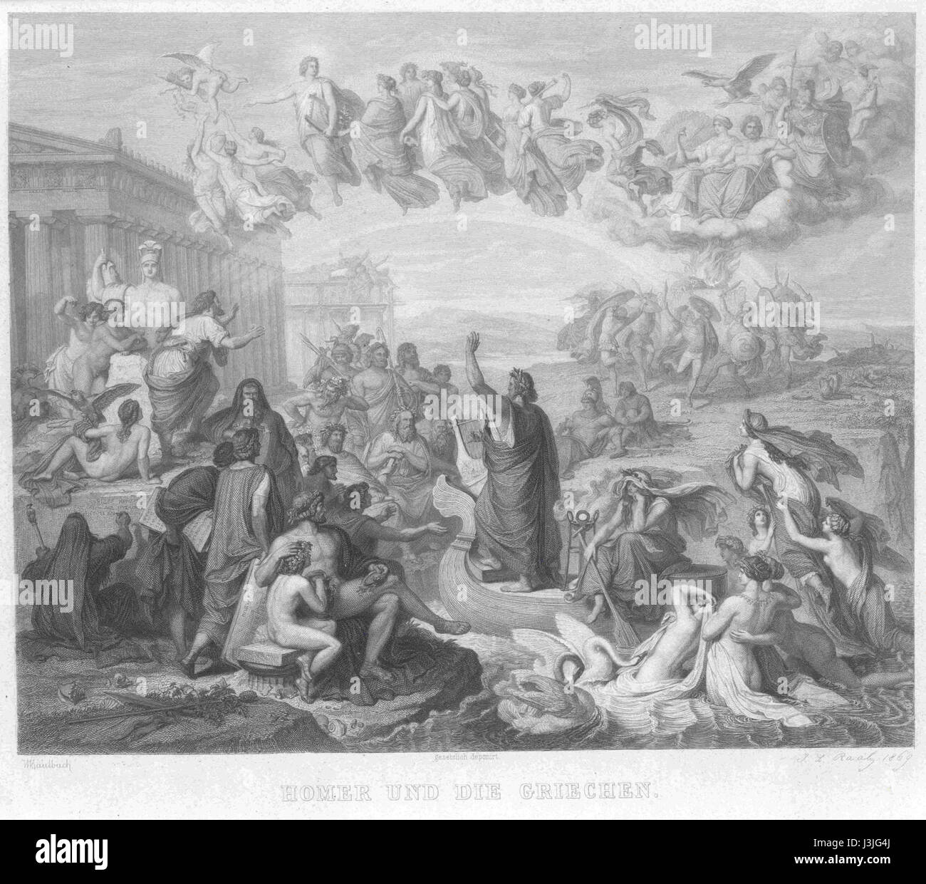 Questa opera, "Homer und die Griechen", è una rappresentazione artistica e storica di Wilhelm von Kaulbach. Illustra l'influenza di Homerâ sulla cultura greca antica e il suo ruolo nel plasmare le tradizioni letterarie della Grecia. Foto Stock