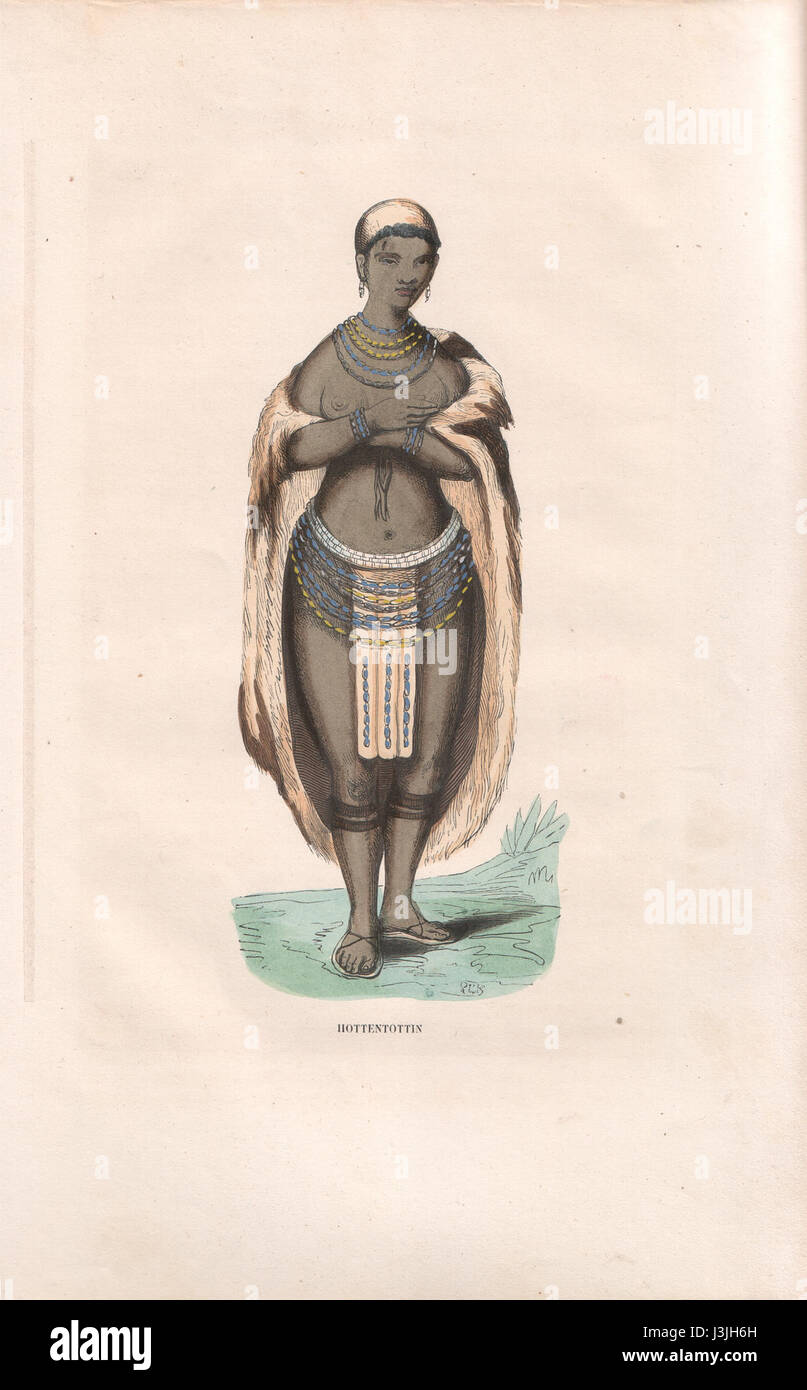 Il titolo si riferisce a una raffigurazione di una donna Khoikhoi, nota come Hottentot nei testi storici. I Khoikhoi sono un gruppo indigeno dell'Africa meridionale, noto per le loro caratteristiche culturali e fisiche distinte, come il loro abbigliamento e il loro stile di vita distintivo. Foto Stock