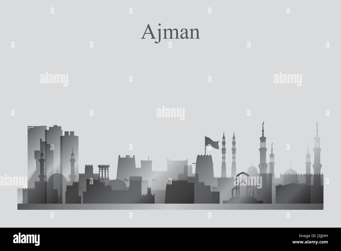 Ajman skyline della città silhouette in scala di grigi, illustrazione vettoriale Illustrazione Vettoriale