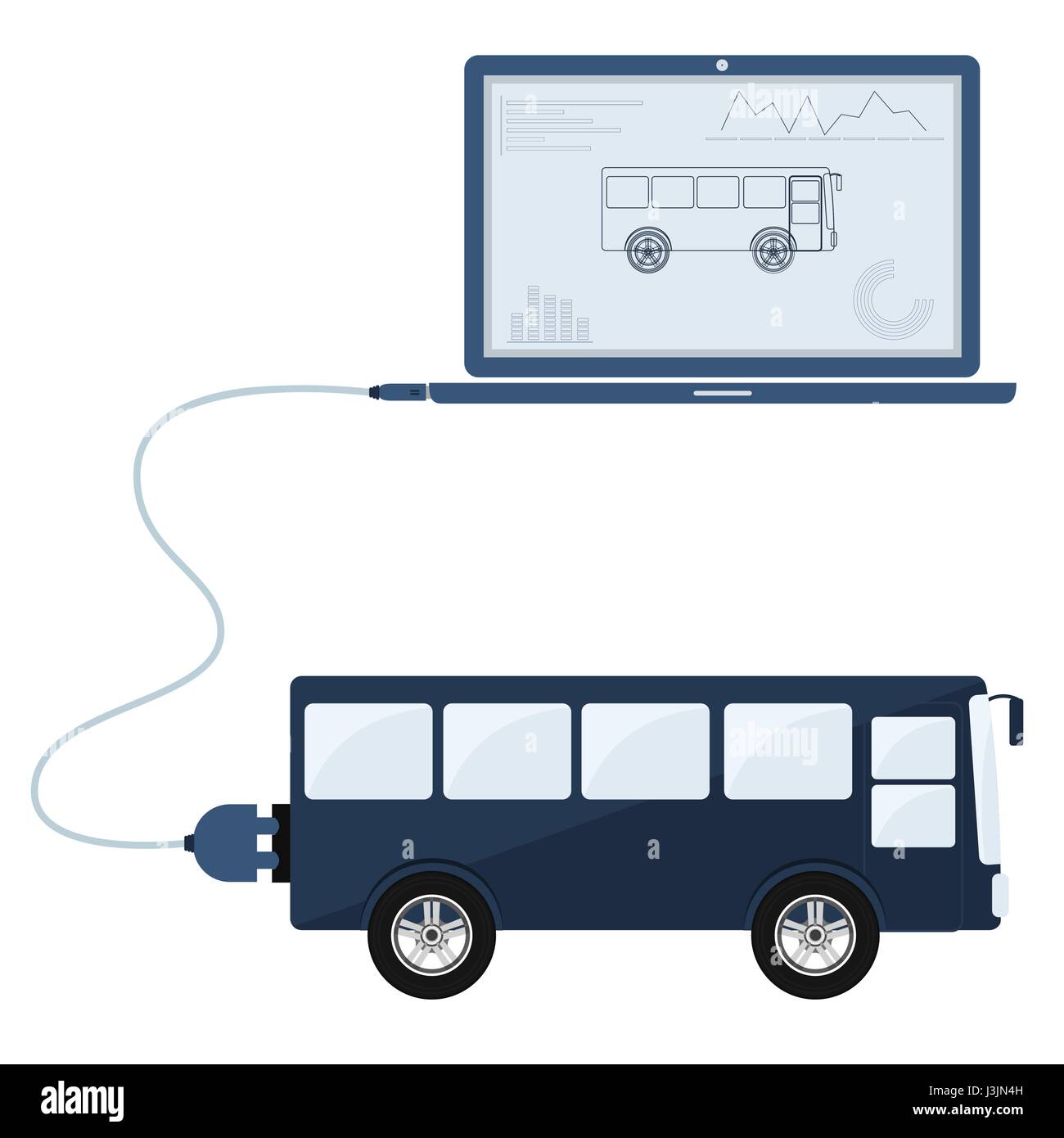 Bus collegato a un computer portatile tramite un cavo USB. Profilo del bus e grafici che vengono mostrate sul monitor del computer. Design piatto. Isolato. Illustrazione Vettoriale