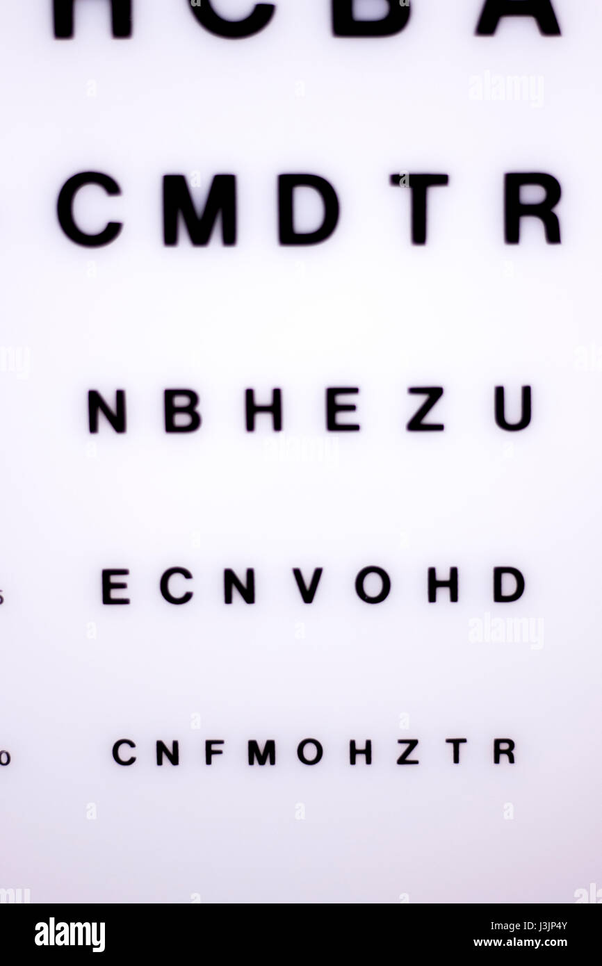 Opticians oftalmologia e optometria occhio grafico di prova per testare la vista e la visione per i pazienti con problemi di vista. Foto Stock