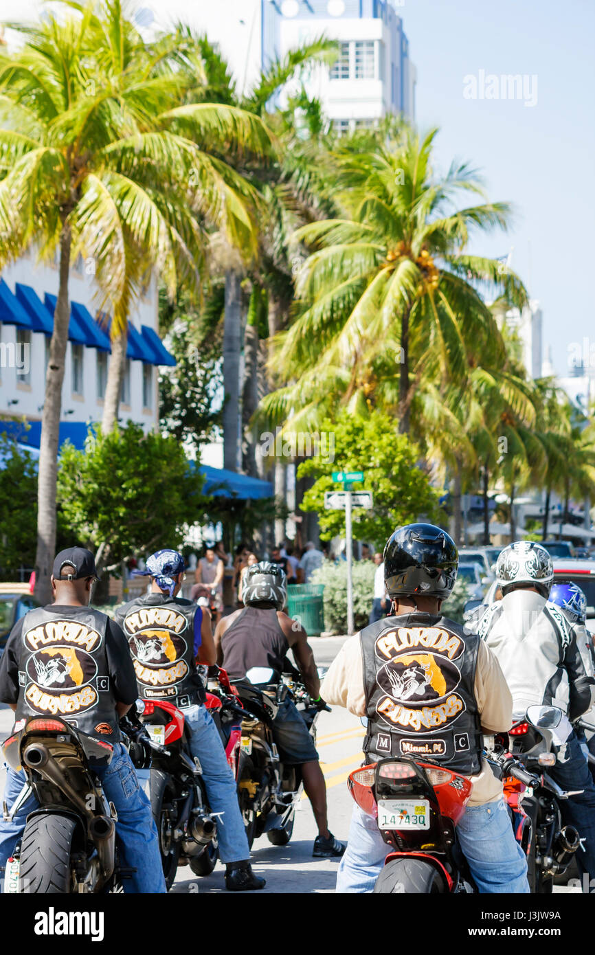 Miami Beach Florida,Ocean Drive,moto,lifestyle,giacche in pelle,Corona beer,product marketing,caschi,traffico,Florida bruciatori equitazione club,Nero Foto Stock