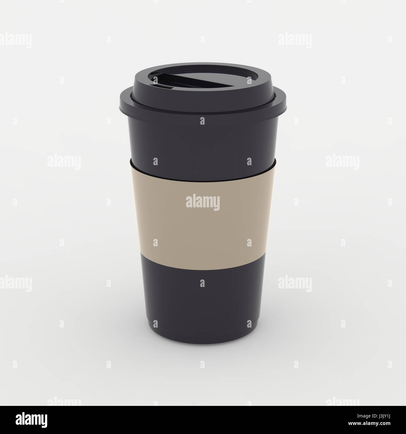 Black coffee cup mock up su sfondo bianco con morbide ombre e punti di luce. 3d illustrato Foto Stock
