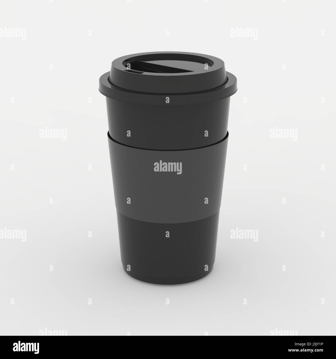 Black coffee cup mock up su sfondo bianco con morbide ombre e punti di luce. 3d illustrato Foto Stock