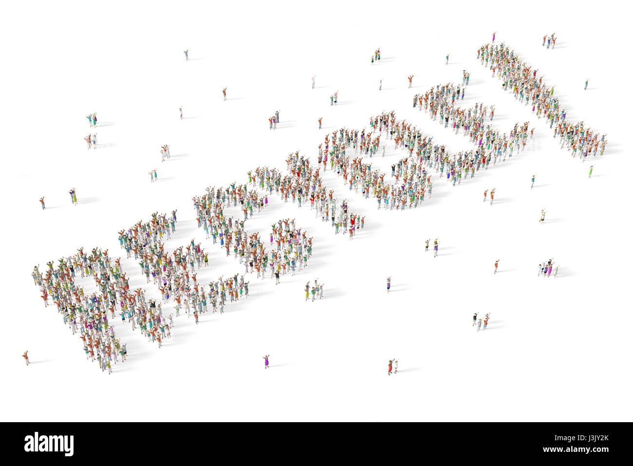 Grande e variegato gruppo di persone riunite insieme in forma di parola riciclare Foto Stock