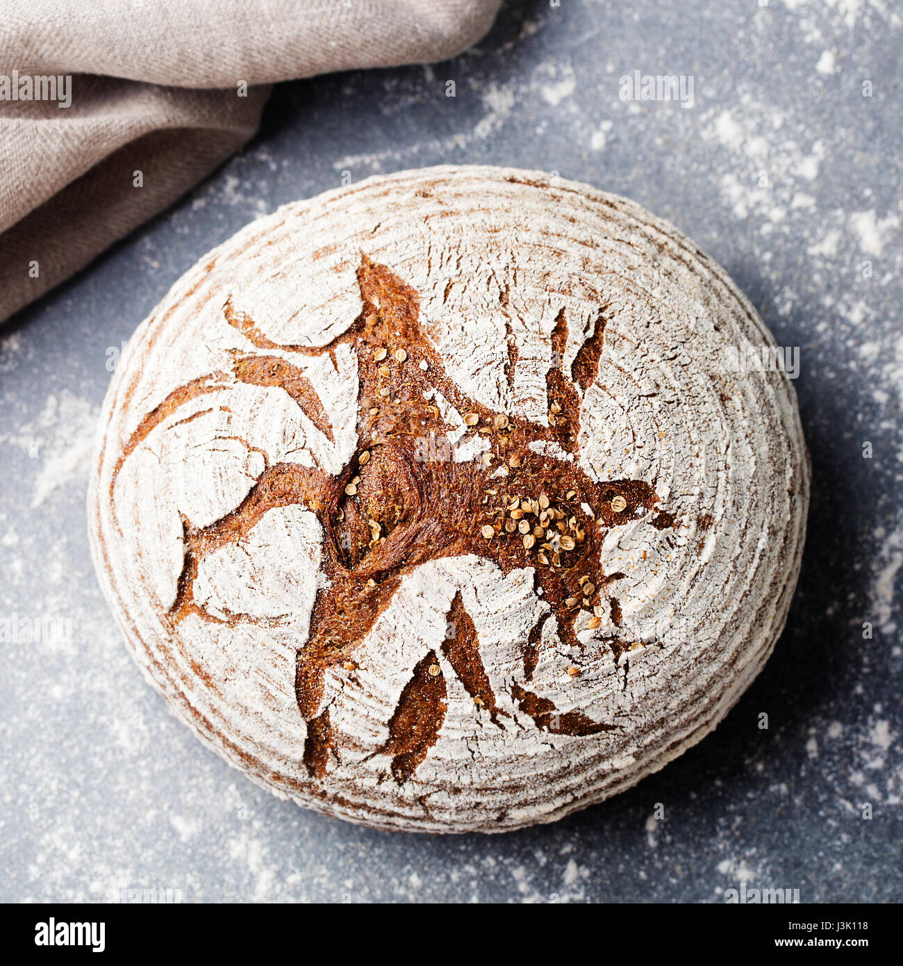 Pane di segale, grano intero su un livello di grigio ardesia sfondo. Vista dall'alto. Foto Stock