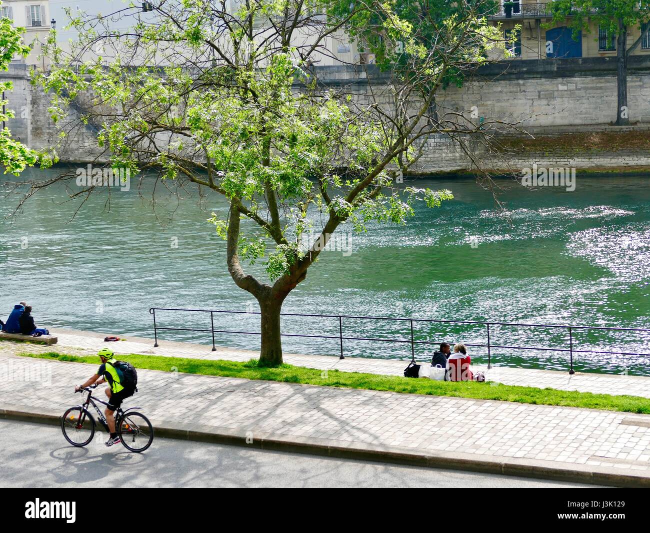 Persone rilassante lungo il fiume, Parc Rives de Seine, Voie Georges Pompidou di Parigi, Francia. Ex Georges-Pompidou express way. Foto Stock