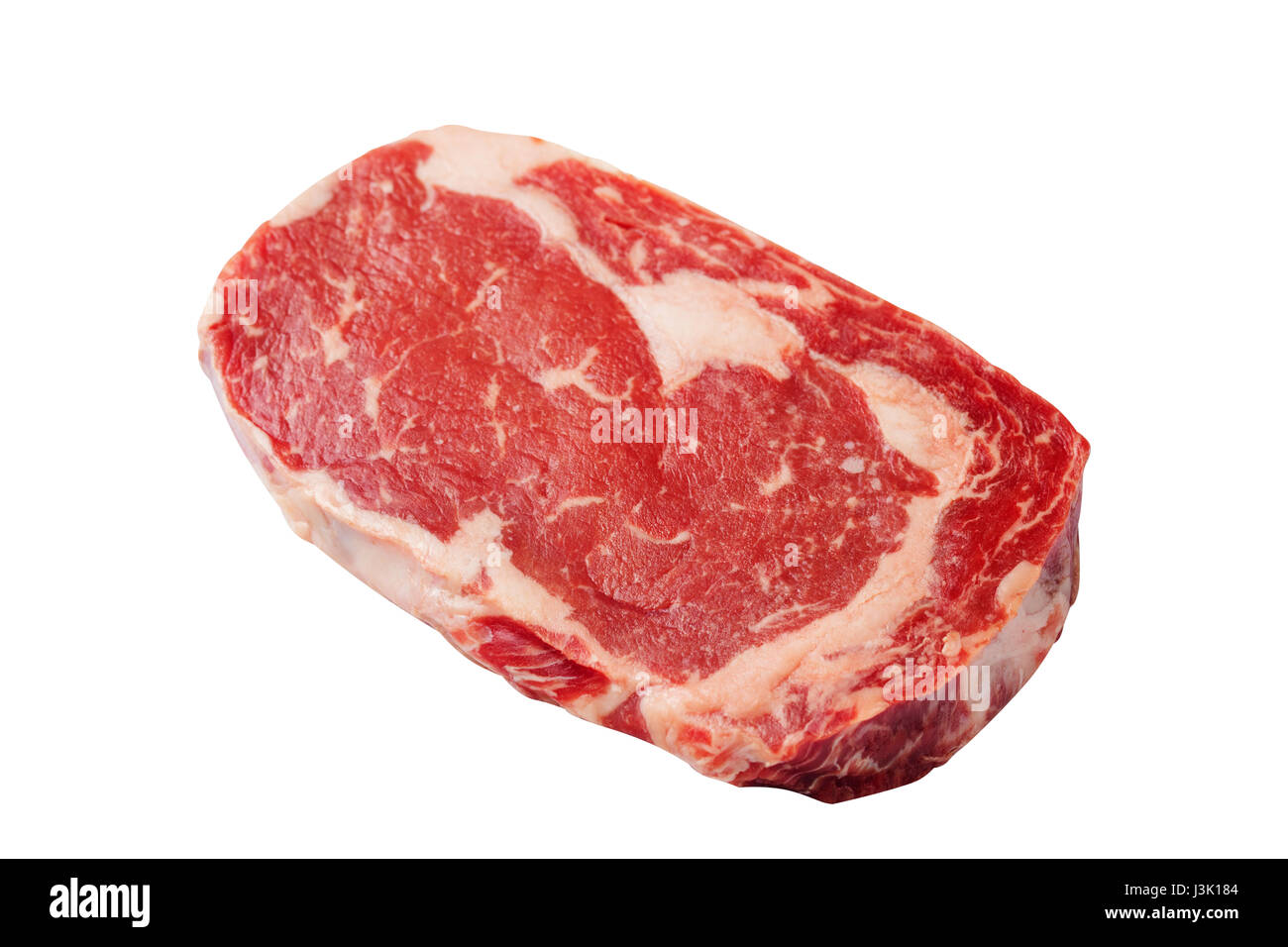 Crudo fresco bistecca di manzo isolato su bianco. Vista dall'alto. Spazio di copia Foto Stock