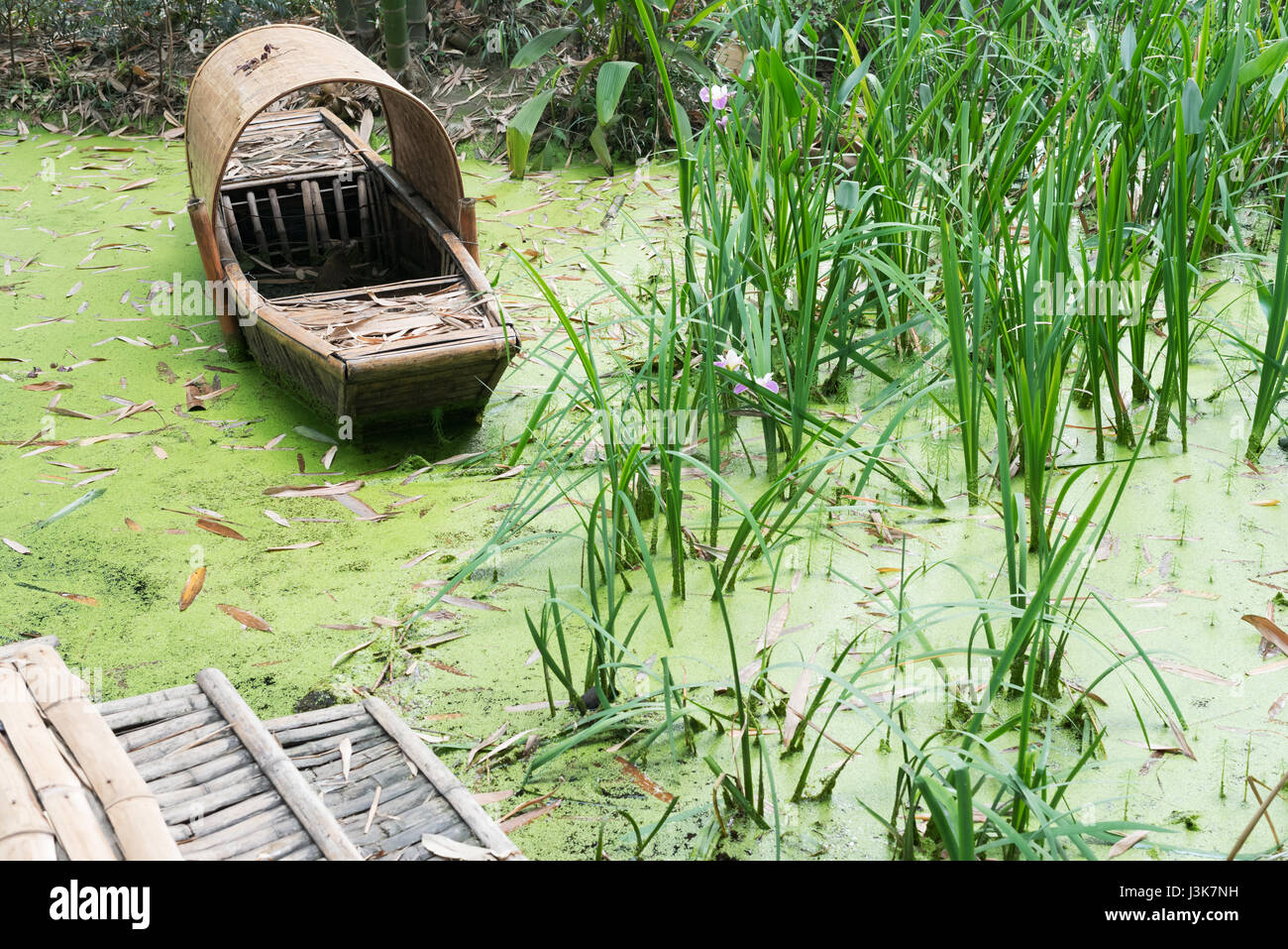 Abbandonato il cinese bamboo barca in acqua verde, Sichuan, in Cina Foto Stock