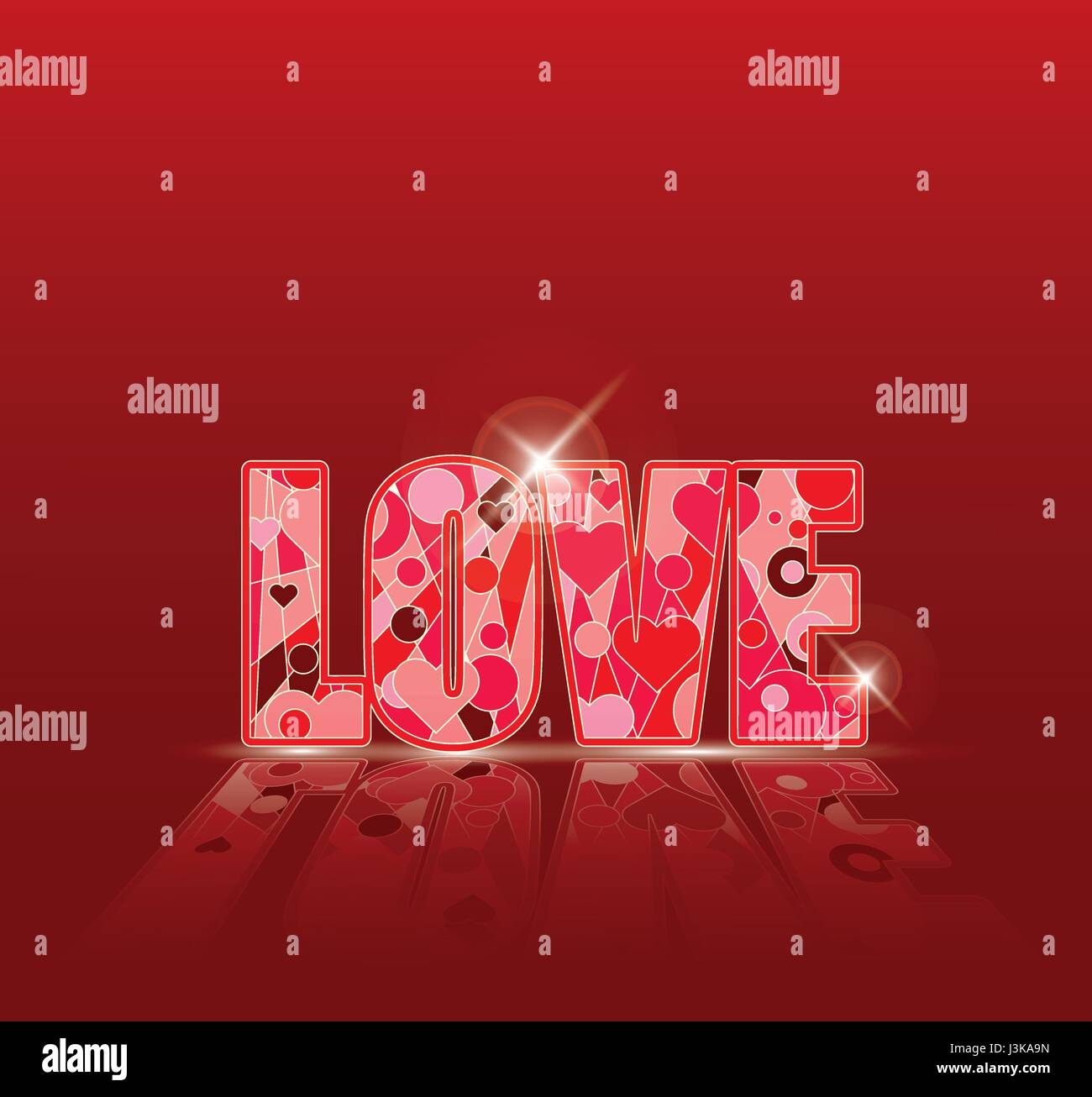 Parola di amore con il simbolo del cuore di vettore romantico sfondo. Red dono festivo modello di scheda. Invito decor e pattern. Illustrazione Vettoriale